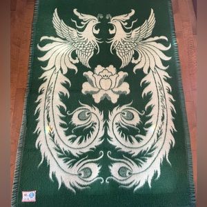 Vintage 1970s Wool Blanket, Yuyang Peacock Blanket, Satin Trim, Floral, Birds